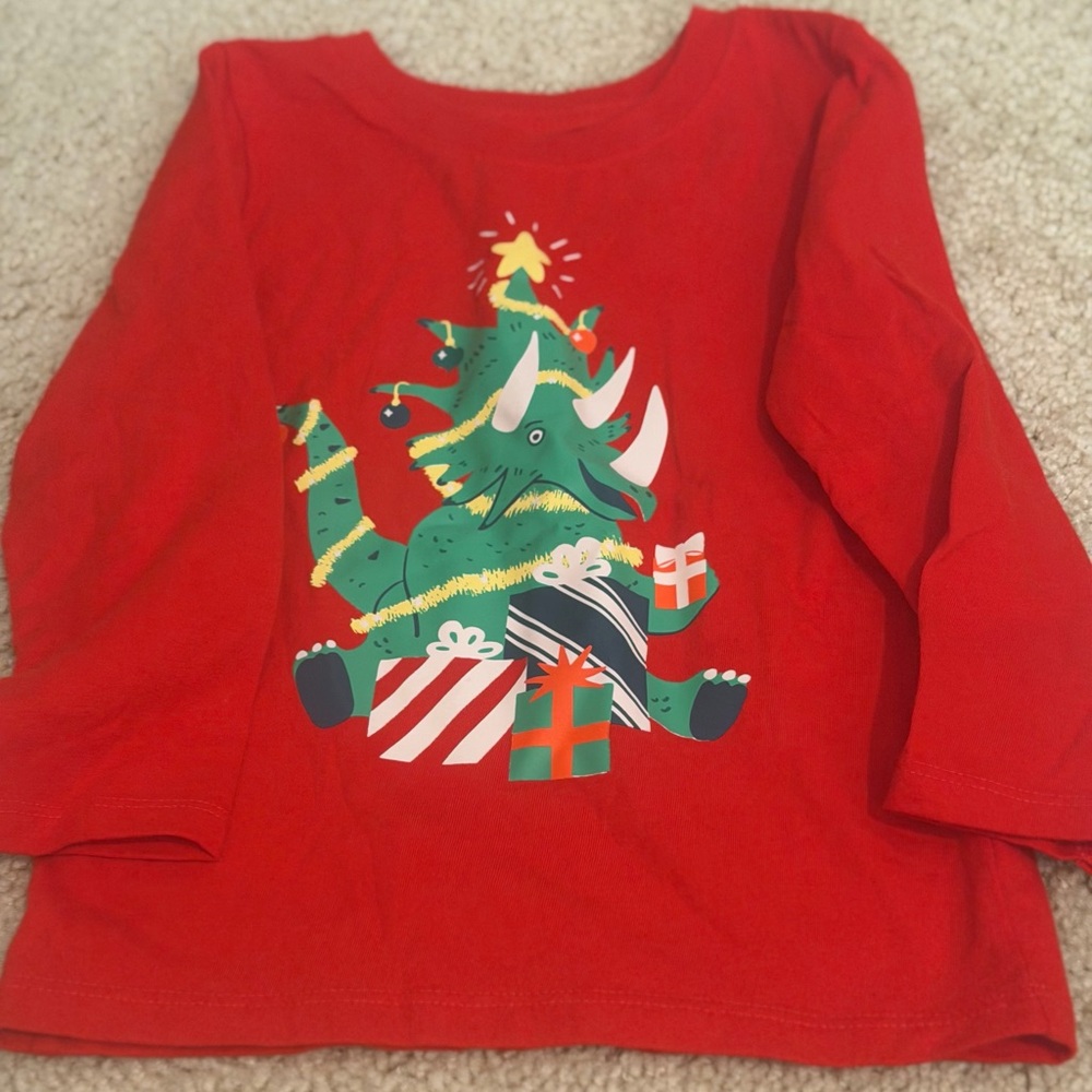 Cat & Jack Red Long Sleeve Tee with Dinosaur and Christmas Tree